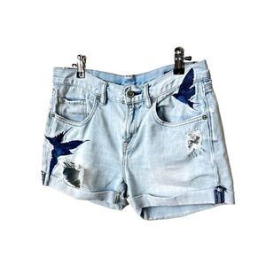 ALL SAINTS DENIM EMBROIDERED SHORTS BLUE JEAN W27